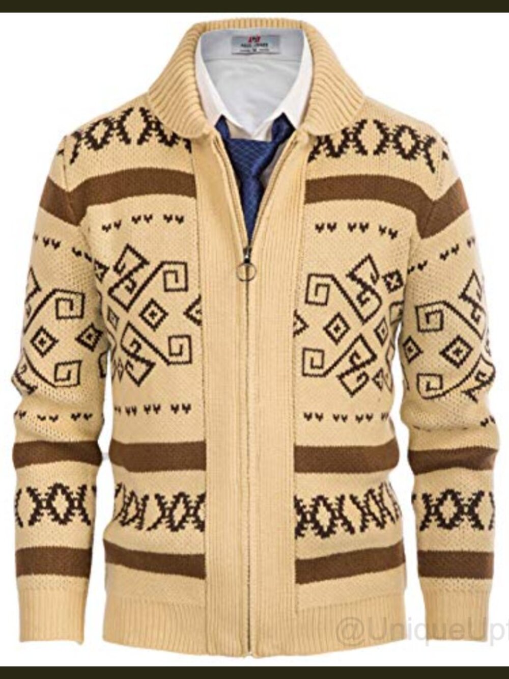 Mens Zip Up Cardigan Shawl Collar Knit Sweater Thick Knitted Jacquard